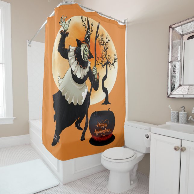 Scary Evil and Wicked Halloween Witch Cauldron Shower Curtain (In Situ)