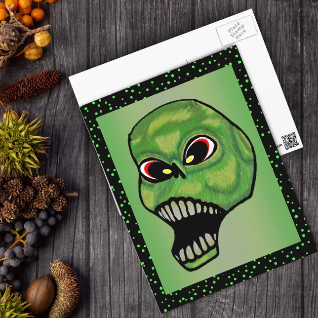 Scary Evil Screaming Green Skull Postcard (Creepy screaming green skull with open mouth and red eyes on green and black with dots postcard.)