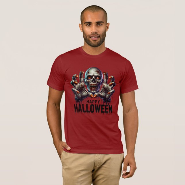 Scary Face & Hand Halloween Horror Design T-Shirt (Front Full)