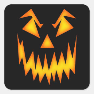 Scary Face Orange on Black Halloween Spooky Square Sticker