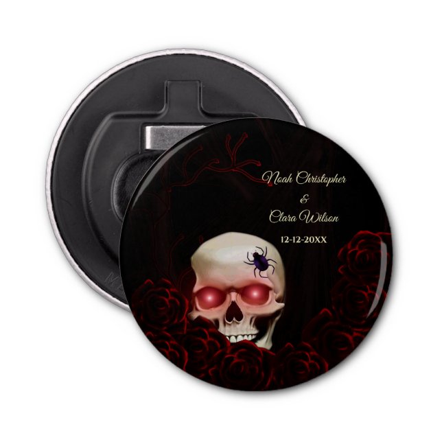 Scary floral dark moody gothic skull halloween bottle opener (Front)