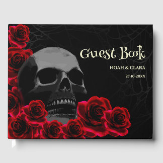 Scary floral Gothic Skull and Red Roses Halloween Guest Book