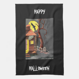 Scary Fun Halloween Bat Haunted House Tea Towel