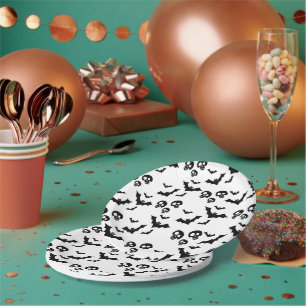 scary funny black skull and bats paper plate