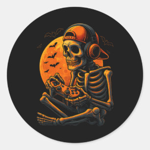 Scary Gamer Halloween Creepy Skeleton Playing Vide Classic Round Sticker