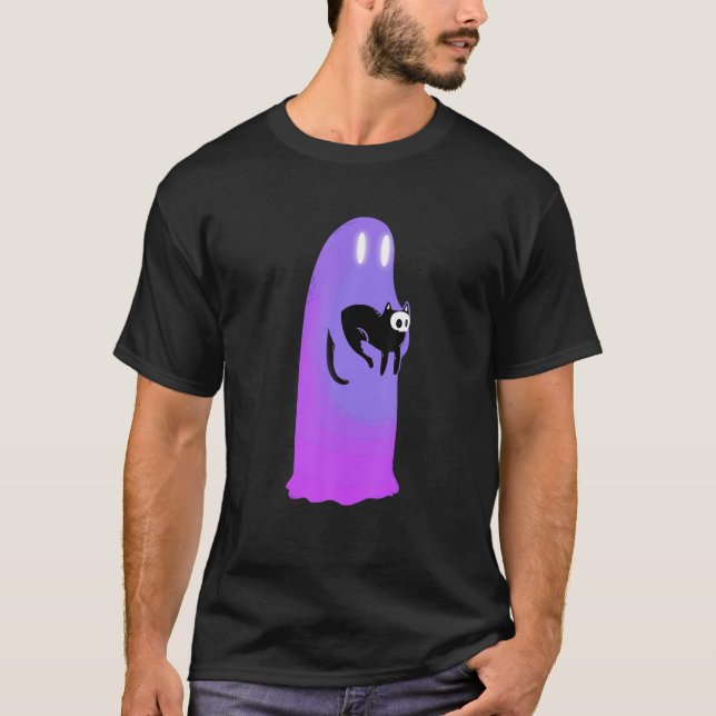 Scary ghost holding creepy cute black cat hallowee T-Shirt (Front)