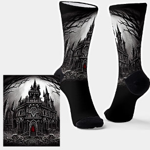 Scary Goth Ghost House at Night in Moonlight Black Socks