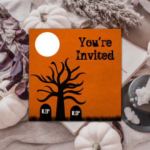 Scary Graveyard Halloween Invite, Orange Invitation
