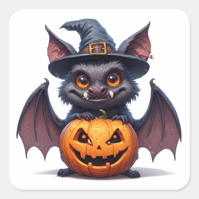Scary Halloween Bat With Pumpkin Witch Hat 🎃 Square Sticker (Front)