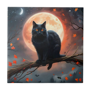 Scary Halloween Black Cat Moonlight,  Ceramic Tile