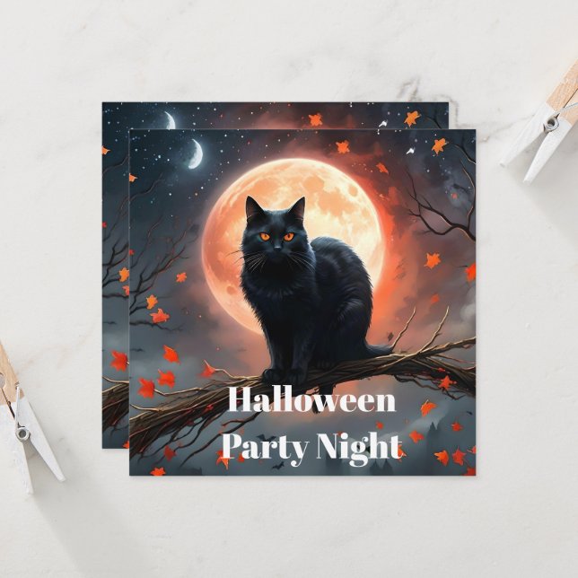 Scary Halloween Black Cat Moonlight,  Invitation (Front/Back In Situ)