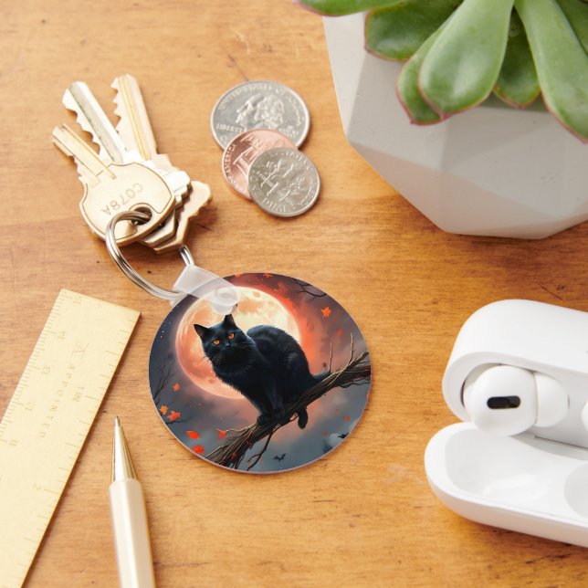 Scary Halloween Black Cat Moonlight,  Key Ring (Desk)