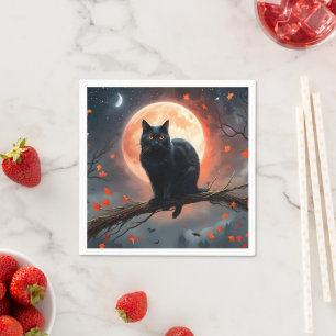 Scary Halloween Black Cat Moonlight, Napkin