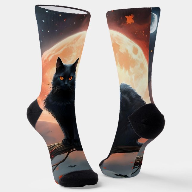 Scary Halloween Black Cat Moonlight,  Socks (Angled)
