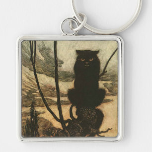 Scary Halloween Black Cat Vintage Rackham Key Ring