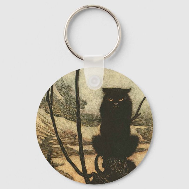 Scary Halloween Black Cat Vintage Rackham Key Ring (Front)