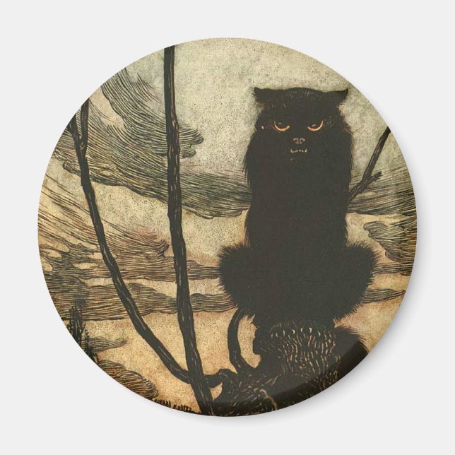 Scary Halloween Black Cat Vintage Rackham Magnet (Front)