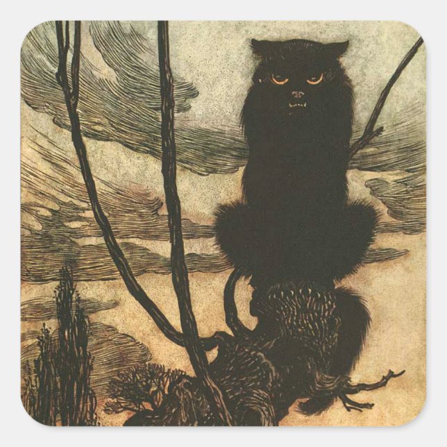 Scary Halloween Black Cat Vintage Rackham Square Sticker (Front)