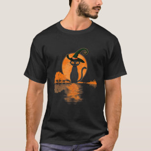 Scary Halloween Black Cat Witch Hat And Moon Cat T-Shirt