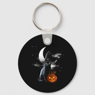 Scary Halloween Black Cat Witch Hat And Pumpkin  Key Ring