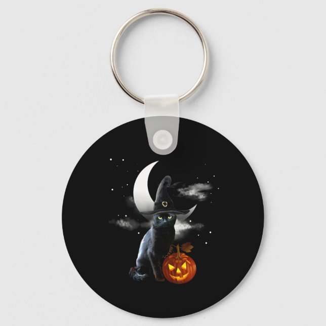 Scary Halloween Black Cat Witch Hat And Pumpkin  Key Ring (Front)