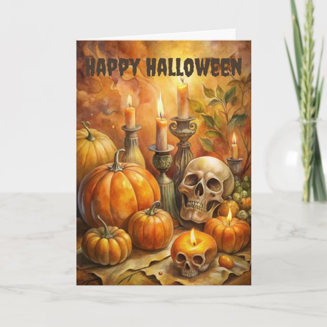 Scary Halloween Creepy Skulls and pumpkins Holiday Card (Front)