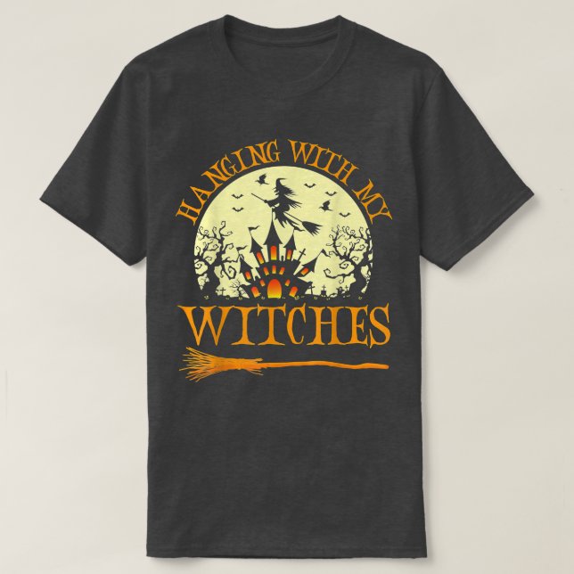 Scary Halloween design with witch, witch broom, ba T-Shirt (Design Front)