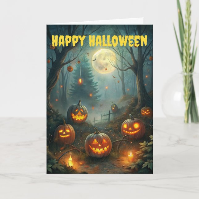 Scary Halloween Full Moon and Jack O Lanterns Holiday Card (Front)