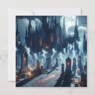 Scary Halloween Haunted Castle Cemetery Holiday Card