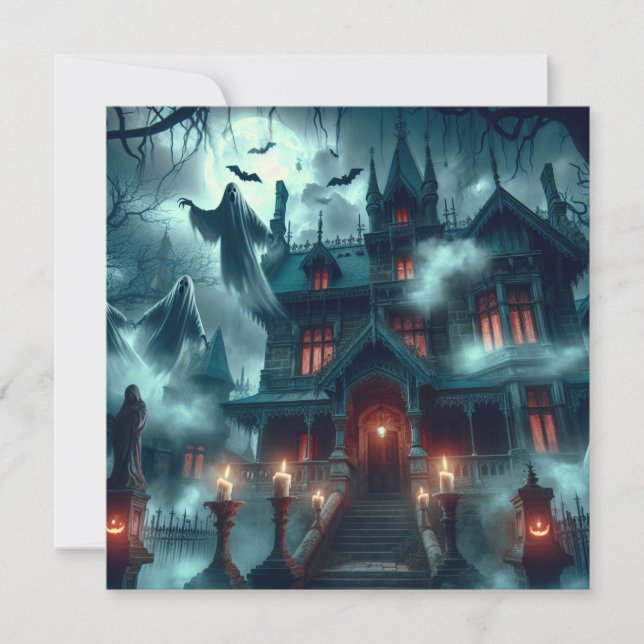 Scary Halloween Haunted Castle Graveyard Holiday Card (Front)
