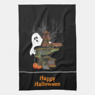 Scary Halloween Haunted House with Ghost Tea Towel