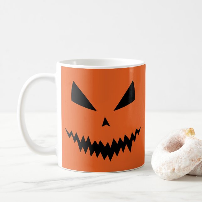 Scary Halloween Jack OLantern black face orange Coffee Mug (With Donut)