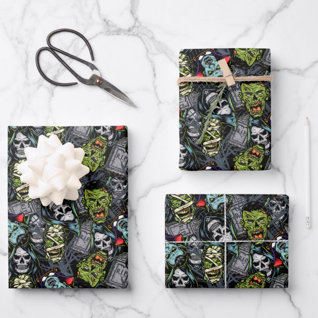 Scary Halloween Monsters Zombies Vampires Mummies Wrapping Paper Sheet (Front)