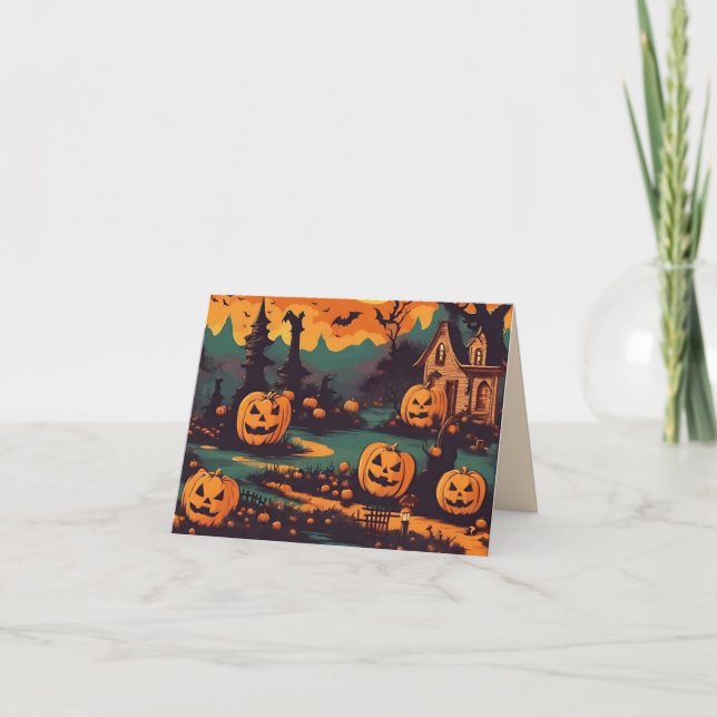 Scary Halloween Night with Carved Pumpkins  Card (Front)