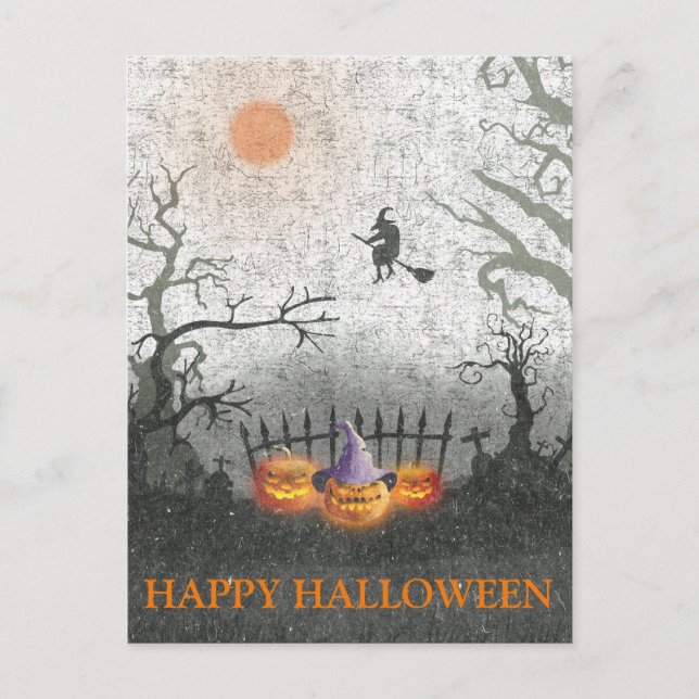 Scary Halloween Night with Witch Pumpkin  Postcard (Front)