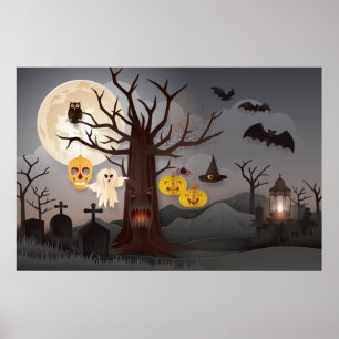 Scary Halloween Papercut Tree, Ghosts, Bats Poster