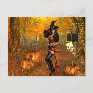 Scary Halloween Postcard with Witch
