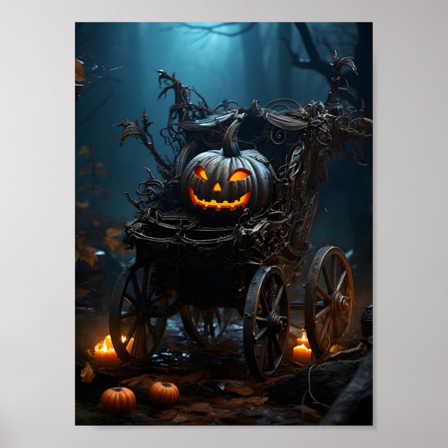 Scary Halloween Pumpkin In The Wheelbarrow Poster (Front)