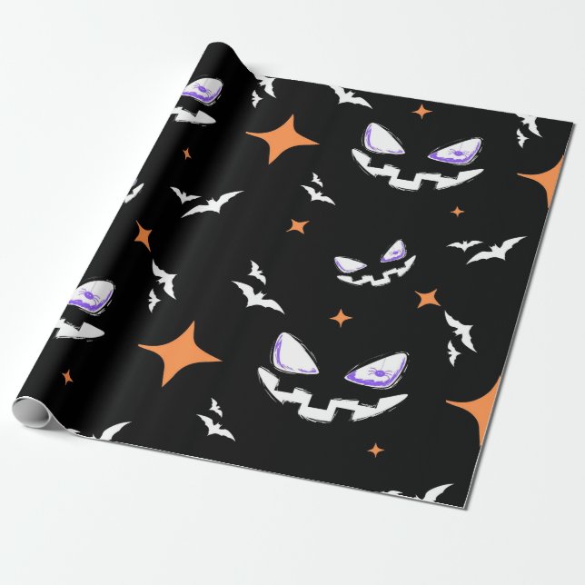 Scary Halloween Pumpkin Pattern Gift Wrapping Paper (Unrolled)