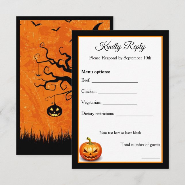 Scary Halloween Pumpkin Wedding RSVP Card option B (Front/Back)