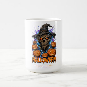Scary Halloween Scarecrow Skull with Pumpkins and Coffee Mug