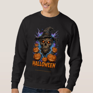 Scary Halloween Scarecrow Skull with Pumpkins and  Sweatshirt