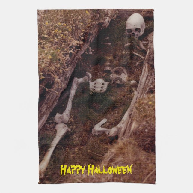 Scary Halloween Skeleton Bones Graveyard Designed Tea Towel (Vertical)