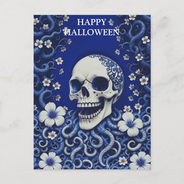 Scary Halloween Skull with Flowers Postcard (Front)