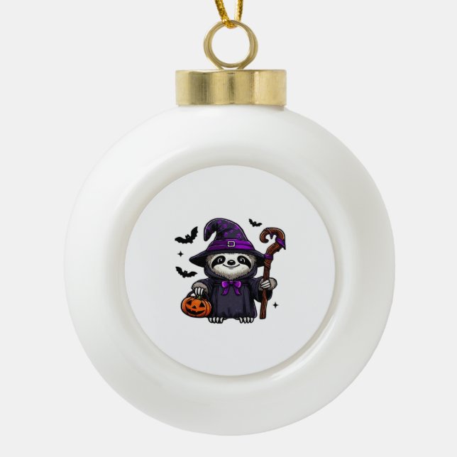 Scary Halloween Sloth Witch Hat Costume Spooky Sea Ceramic Ball Christmas Ornament (Front)