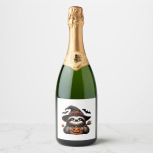 Scary Halloween Sloth Witch Hat Costume Spooky Sea Sparkling Wine Label