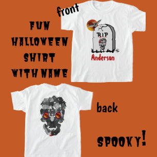 Scary Halloween Tombstone, Bat, Skull and Name T-Shirt