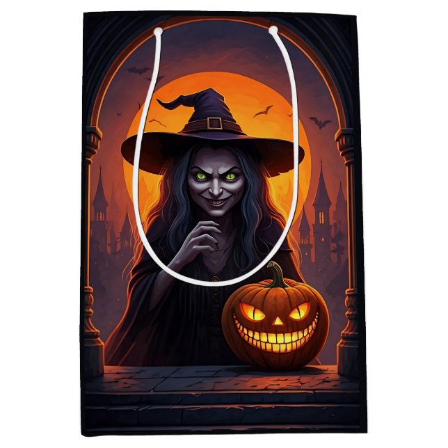 Scary Halloween Witch and Crazy Smile Pumpkin Medium Gift Bag (Front)