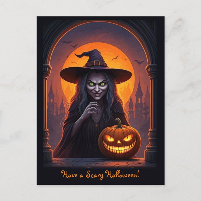 Scary Halloween Witch and Crazy Smile Pumpkin Postcard (Front)