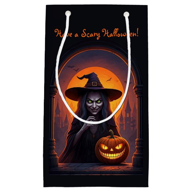 Scary Halloween Witch and Crazy Smile Pumpkin Small Gift Bag (Front)